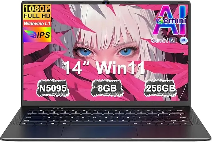 Ordenador Portátil 14 Pulgadas Win11 Celeron N5095 Upto 2,9 GHz LPDDR4 Portatiles 8GB RAM 256GB SSD TF 1TB 5G WiFi 1920*1080 FHD USB 3.0 Laptop Película Protectora Español - Negro Cuerpo MetálicoB