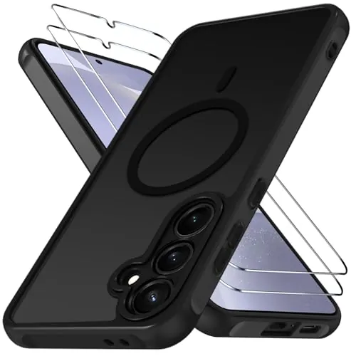 ivoler Funda Magnética para Samsung Galaxy S24 5G / S25 5G con 2 Piezas Cristal Templado, Compatible con MagSafe, [Protección Militar] Protectora Antiarañazos Translúcida Mate Silicona Case, Negro