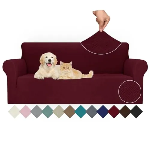 Ystyle Funda Sofa 3 Plazas Ajustable, Fundas para Sofa Elasticas, Funda De Sofa Anti Gatos Perros, Sofa Cover con Reposabrazos, Jacquard Fundas Cubre Sofa Ntideslizante Lavable, Burdeos