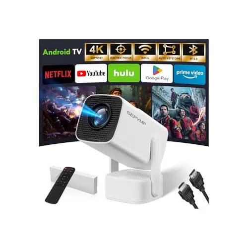 Proyector Portatil,SEPYMP Mini Proyector 4K,1080P HD-WiFi 6-BT 5.2, Android 13, Compatibile con HDMI/USB/TV Stick/PS5/Laptop, Blanco