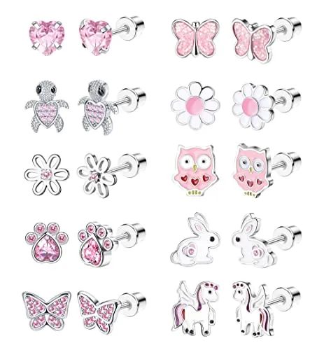 LOLIAS 10 Pares Lindos Pendientes con Rosca la Espalda para Mujeres y Niñas Acero Inoxidable Multicolor Corazón Flor Mariposa Arco Iris CZ Pendientes Hipoalergénicos Rosca la Espalda