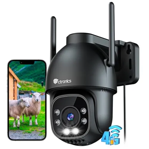Ctronics Cámara Vigilancia Exterior 3G/4G LTE con Tarjeta SIM, Negro | 360° PTZ, Sin WiFi, Detección Humana, Seguimiento Automático, 30M Visión Nocturna Color, Audio Bidireccional, IP66