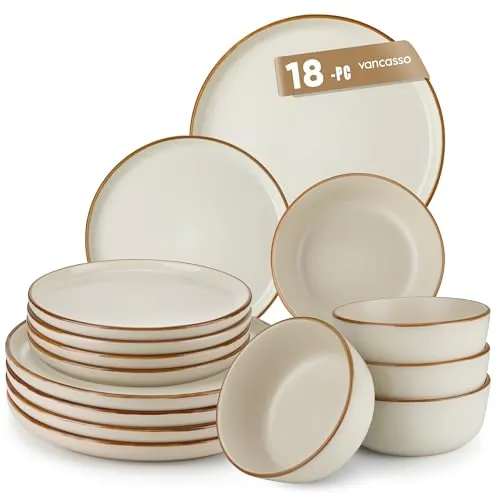 vancasso RENO Vajillas Completas 6 Personas, Vajilla 18 Piezas de Gres - 6 Platos Llanos, 6 Platos Postre y 6 Cuencos - Esmaltado Reactivo en Color Beige Claro, Apto Lavavajillas/Microondas