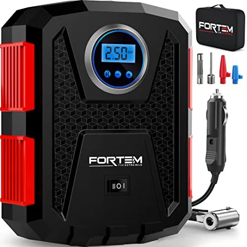 FORTEM Inflador Ruedas Coche - Compresor Aire Portátil con Enchufe para Coche - Hinchador Eléctrico con Manómetro Digital y Sistema de Apagado para Bicicletas Motos y Pelotas - Bolsa de Transporte