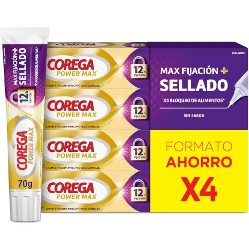 Corega Max Fijación + Sellado, Crema Fijadora Prótesis Dentales, 4x70 g