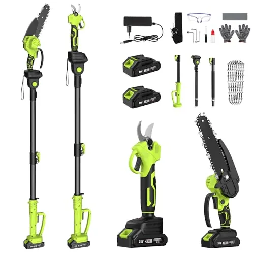 Kit de Tijeras de Podar Telescópicas y Motosierra Telescópica a Batería, 4 en 1 Podadora Electrica Herramientas de Jardín con Motorm 550 W, 2*4000 mAh Baterías, 4 Cadenas para Jardines Arbusto y Ramas
