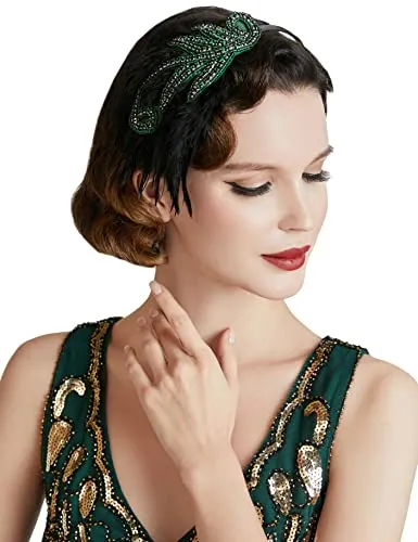 BABEYOND Diadema vintage de los años 20, tocado de los años 20, diadema con cuentas de plumas, diadema de cristal, accesorio para disfraz de Gatsby, accesorios de los años 20