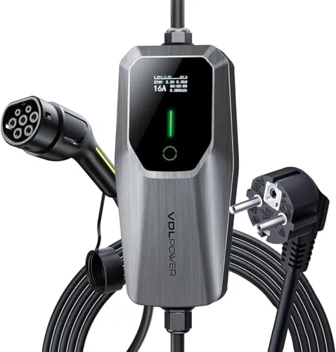 VDLPOWEREU Cargador EV Tipo 2, 3,6 kW Cable de Carga para Auto, Cargador para Vehículos Eléctricos, 16 A, 5M, monofásico, EU Schuko, IP65 (IEC 62196-2)