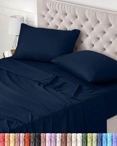 Utopia Bedding Juego de Sabanas 4 Piezas 150x200 - Poliéster Microfibra Cepillada - Oeko-Tex Certificado - Sábana Bajera, Sábana Plana y 2 Fundas de Almohada 50x75 (Cama 150, Azul Marino)