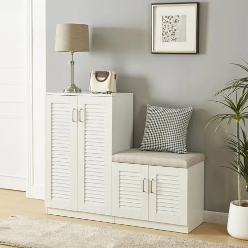 [en.casa] Mueble Zapatero Løten Armario con 9 Compartimentos para 18 Pares de Calzados + Banco Zapatero Puertas de Rejilla Buena Ventilación 97 x 120 x 36 cm - Blanco