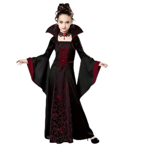 STOAT Disfraz Halloween. S:110-120cm, M:120-130cm, L:130-140cm, Vestido Vampiresa para Niña, estilo reina gótica, carnaval, fiestas temáticas & fiestas vampiro, + collar rubí