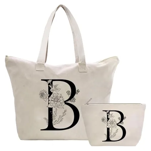 Toozen Personalizadas Bolso Tote de Mujer con Inicial, Bolsa de lona con Bolsillo Interior, Bolsa de Compras con Bolso de Cosméticos, Regalos para Damas Mejor Amigas Mamá, Regalo Cumpleaños Navidad B