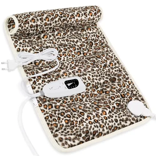 Manta Electrica Lumbar, Manta eléctrica para espalda, cuello, hombros y vientre con función de apagado automático, Franela Suave Estampado de leopardo, 30 X 60 cm