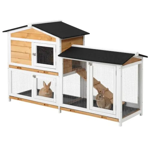 PawHut Conejera de Madera Exterior Jaula 2 Niveles 157,4x53x93,5 cm Natural | para Conejos, Techo Asfáltico, 2 Corrales de Metal, Bandeja Extraíble, 2 Puertas, Rampa