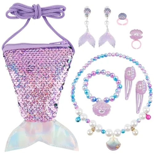 Nswayy 9pcs Bolso Niña,Accesorios Sirena Joyas Niña Sirenas Juguetes Niñas3 4 5 6 7 8 9 10Años Conjunto de Joyas para Niños de Sirena con Anillo Collar Pulsera Aret Niña Pinza Regalos de Reyes Magos