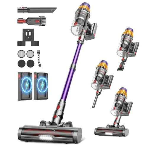 Minilandia Aspiradora sin Cable con 2 Baterías, 150Min/55Kpa/600W, 2.0L Escoba Aspiradora Antienredos, Filtración de 11 Capas, Pantalla Táctil, Aspirador de Mano para Suelo/Alfombra/Pelos de Mascotas