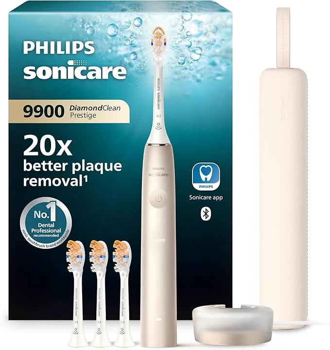 Philips Sonicare DiamondClean 9900 Prestige cepillo dental eléctrico, con tecnología SenseIQ y aplicación, 5 modos de cepillado, estuche de viaje con carga, color champán, modelo HX9992/44