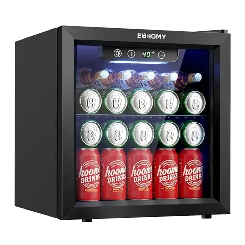 EUHOMY Frigorífico para Bebidas, Mini Frigorifico con Puerta de Cristal, Nevera Pequeña, Refrigerador de Sobremesa para 55 Latas, Mini Fridge para Oficina, 36 Litros, Mini Nevera de Bajo Ruido, Negro