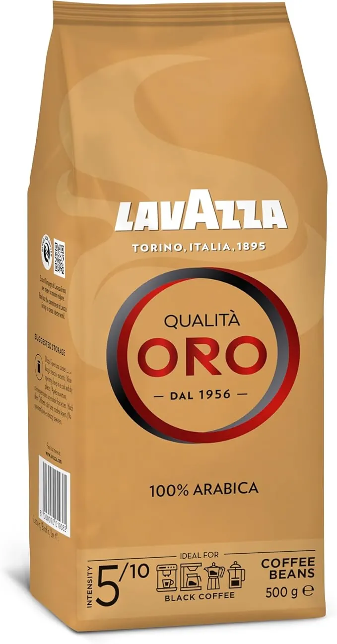 Lavazza, Qualità Oro, Café en Grano Natural, Ideal para la Máquina de Café Espresso, con Notas Aromáticas de Frutas y Flores, 100% Arábica, Intensidad 5, Tueste Medio, Paquete de 500 g