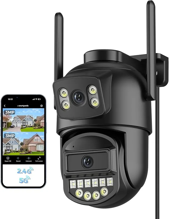 Reobiux Camara Vigilancia WiFi Exterior, Doble Lente, 6MP, 2.4/5Ghz Camara Vigilancia,360°, PTZ,Ethernet,Interior, Cable,Visión Nocturna Color,Two-Way Audio,Detección Humana,IP66