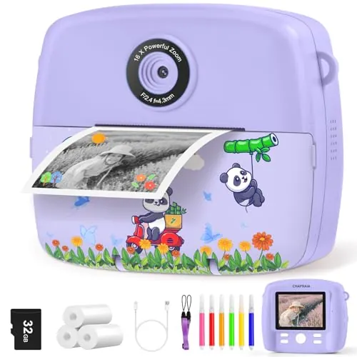 CNAPXAIA Camara Fotos Infantil instantanea, 2,4 Pulgada Cámara Niños Instantánea con Tarjeta de 32GB y Papel de Impresión, Cámara Instantánea para Niños Regalo Comunión de 3 a 12 Años (Morado)