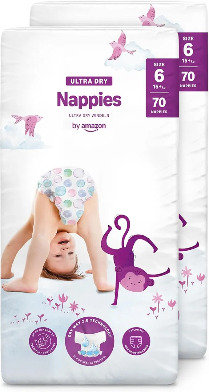 By Amazon Pañales ultra-secos, Talla 6 (15+ kg), Con canales, Bianco, 140 Unidad (2 Paquetes de 70) - Nueva versión (Anteriormente una marca Mama Bear brand, el mismo producto)