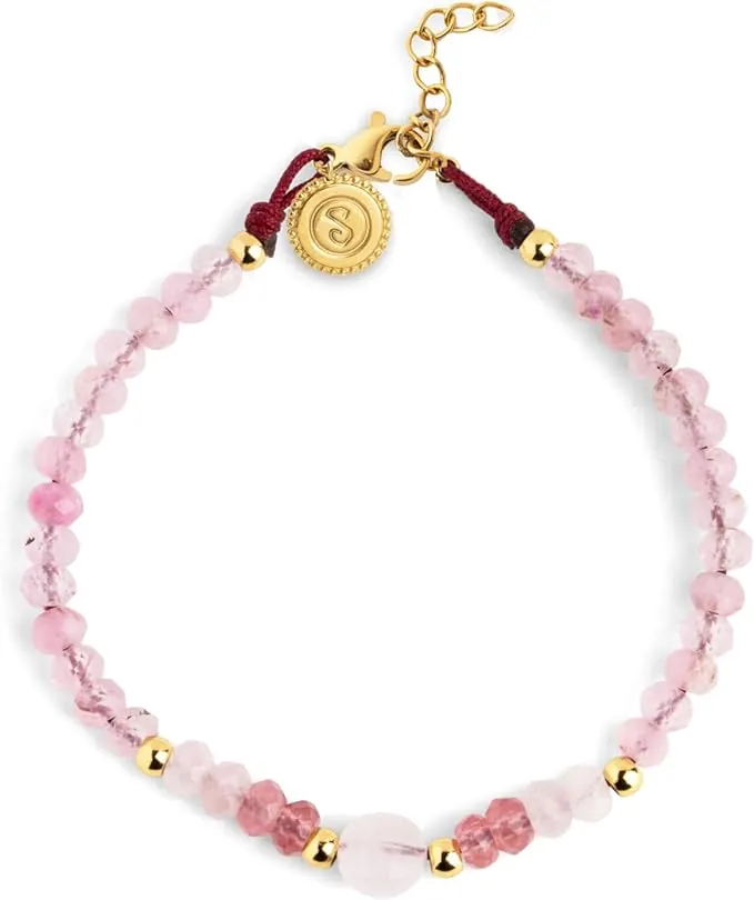 SINGULARU - Pulsera Amulet Rose Quartz. Acero bañado en Oro 18Kt y Piedras Naturales. Joyas para Mujer