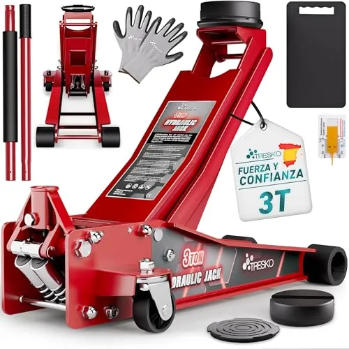 TRESKO Cric hidráulico 3T altura de elevación 75-510 mm | Cric hidráulico de garaje plano de doble pistón & ruedas de 360° incl. 2x topes de goma, alfombrilla protectora, guantes (rojo, 3 toneladas)