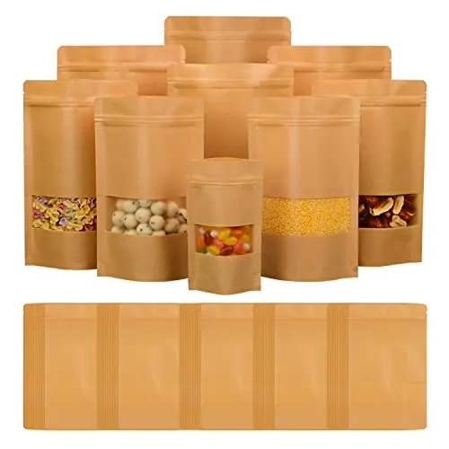 Bolsa de Papel Kraft, Bolsa Kraft con Ventana, Bolsas Ziplock Reutilizables, Aplicables para Nueces, Granos de Café, Hojas de Té, Especias, etc. (10x15cm 100Piezas)