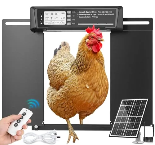 INNOLAND Puerta Gallinero Automática Solar, Temporizador/Sensor de Luz | Puerta Automática Gallinero con Energía Solar Anti-aplastamiento | Control Remoto | Gran Panel Solar | Batería Alta Capacidad