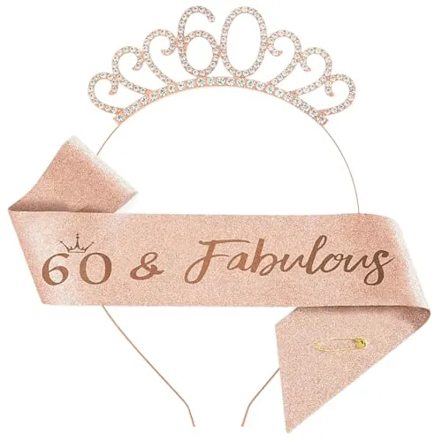KBSICWO 60 Años Cumpleaños Mujer Corona Sash Kit, Sash Corona Cumpleaños Decoracion, Accesorios para el Pelo y Faja para 60 Años Chicas Mujeres (Oro Rosa)