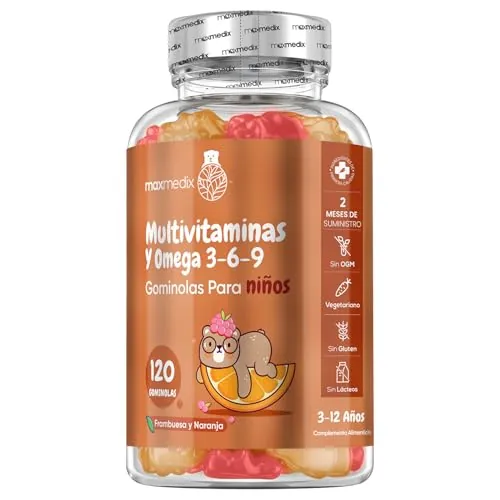Gominolas Multivitaminas y Omega 3 6 9 Para Niños, 16 Vitaminas y Minerales - Sabor Frambuesa y Naranja 120 Unidades - El Yodo Contribuye al Crecimiento Normal de los Niños, Bajas en Azúcar