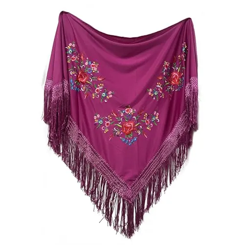 MUNDDY - Manton Bordado en Flores Para Adulto. Mantones Flamenco Sevillana.Mantón para fiesta de Color Rojo Negro Rosa Blanco Amarillo Azul. Envio desde madrid (Fussia-Morado (B))