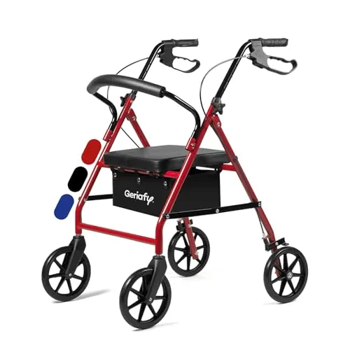 Geriafy Andador plegable Lambda Max con asiento y ruedas de 20 cm, Rojo