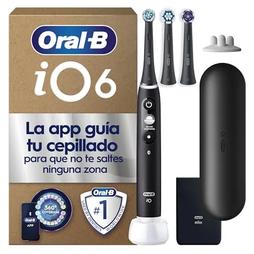 Oral-B iO 6 Cepillo de Dientes Eléctrico, con 3 Cabezales, Negro - Cepillo Dental con Sensor de Presión, 5 Modos de Cepillado con Blanqueamiento Dental, 1 Estuche de Viaje, Batería de Larga Duración