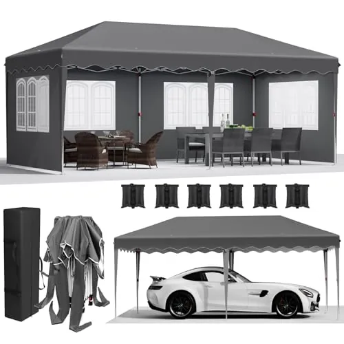 Carpa Plegable 3 x 6, Cenador para Jardin Resistente al Agua, con 6 PCS Sacos de Arena, con 4 Paneles Laterales, Protección UV50+, Exteriores para Fiesta Boda Picnic, Gris