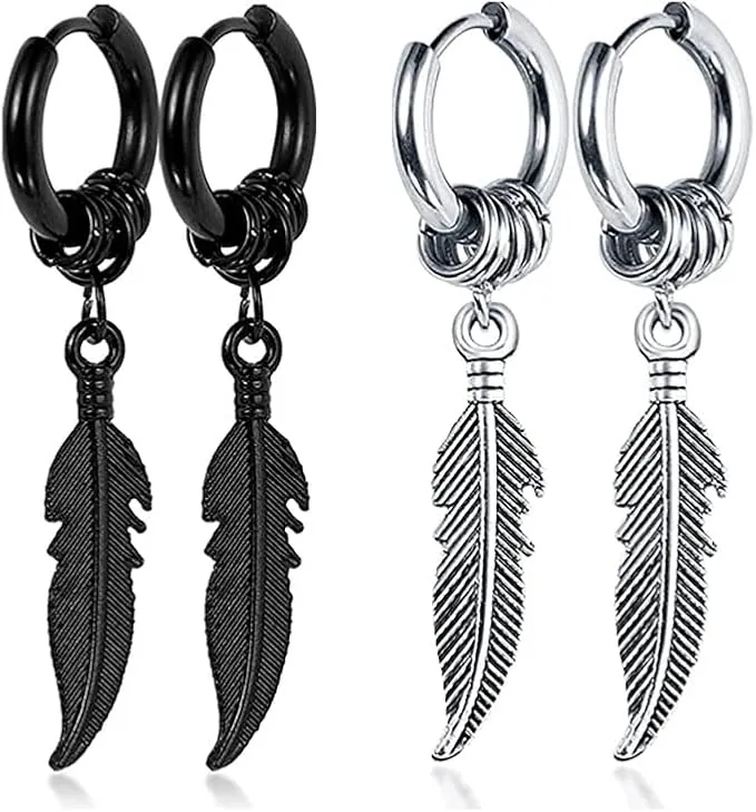 2 Pares de Pendientes para Hombre - Plumas, Punk, Acero Inoxidable Hipoalergénico (Negro y Plateado)