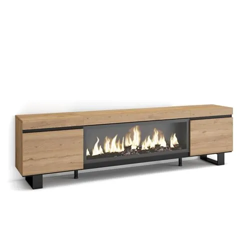 Skraut Home | Mueble TV | Televisión | Muebles de salón, almacenaje | 210 | para TV hasta 80" | Chimenea eléctrica XXL | Diseño Industrial | Estilo Moderno | Roble