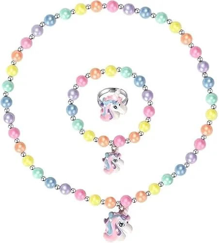 QIZHIQIAMY Unicornio Collar Pulsera Anillo 3 Piezas Conjunto de Unicornio Joyas Cuentas de Colores Joyas Para Niñas Regalo de Cumpleaños y Fiesta