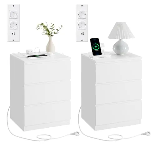 VASAGLE Kailyn Colección - Mesita de Noche con Estación de Carga, Juego de 2, Mesa Auxiliar con 3 Cajones, 2 Tomas AC, 2 Puertos USB, Salón, Dormitorio, Estudio, Blanco Nube LET831W14V2