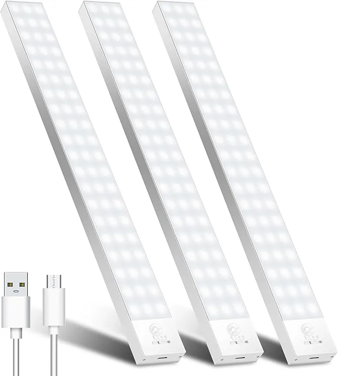 OUILA Luz LED Armario con Sensor Movimiento 5000K 60 LEDs 4 Modos Luz LED Adhesiva Magnética 1500mAh USB Recargable Luz Nocturna para Cocina, Armario, Escaleras, Pasillo, Garaje-3 Packs Blanco Natural