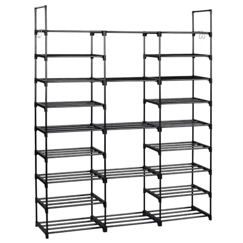 T-LOVENDO.ES Zapatero Grande y Estrecho Entrada recibidor. Mueble Organizador de Zapatos Armario estantería 157x31x127cm. 9 Niveles. Tubos de Hierro. Ganchos Laterales. hasta 50 Pares. Negro