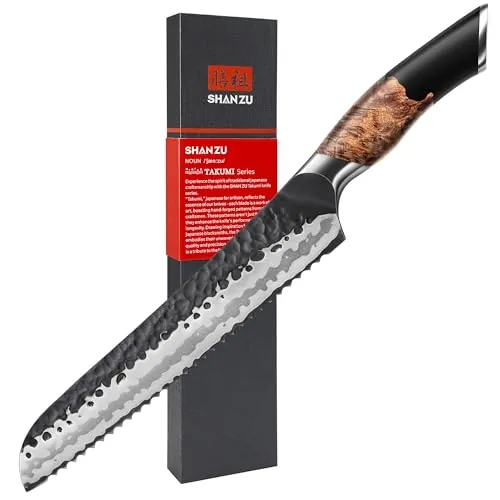 SHAN ZU Cuchillo para Pan Dentado Forjado a Mano, 20cm Cuchillo Panero Afilado, 7 Capas de Acero 10Cr15MOV, Mango de Madera de Arce