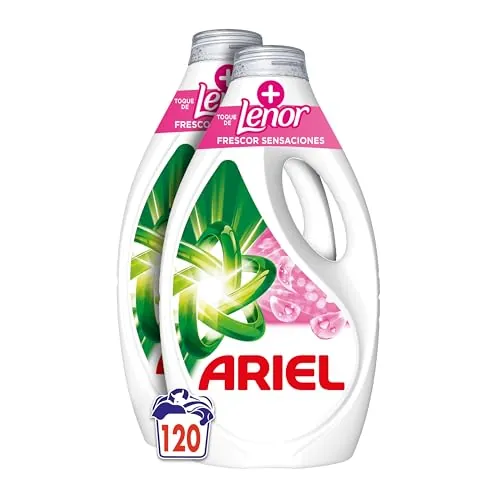 Ariel Detergente Lavadora Liquido, 120 Lavados, Jabon Frescor Sensaciones, Limpieza Mejorada en Ciclos Mas Frios con la Exclusiva Tecnologia de Limpieza en Frio