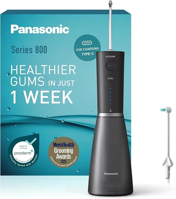 Panasonic Series 800 Irrigador Bucal Ultrasónico EW-DJ86-K503, Irrigador Dental, 200 ml, 1 Boquilla Ultrasónica y 1 Boquilla de Ortodoncia, 5 Ajustes de Presión, Accesorio De Viaje, USB-C, Negro
