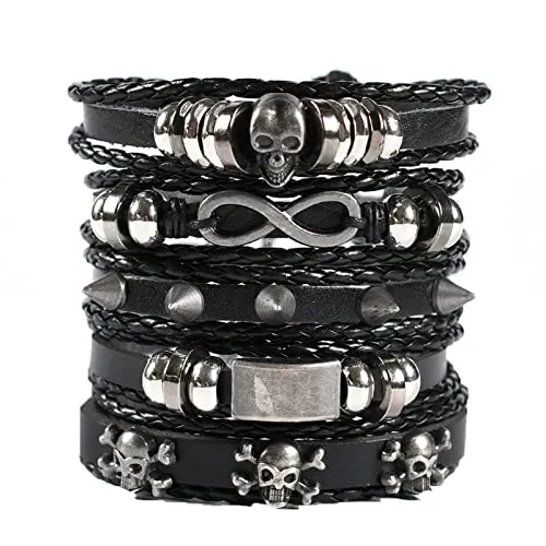Tashce 5 Piezas Tejidas Pulsera de Cuero, Pulseras Retro para Hombres Mujeres, Tejida Pulsera de Traje de Cuero Multicapa, Punk Pulsera Ajustable, Gran Regalo para Papa Papá y Hombre (Calavera)