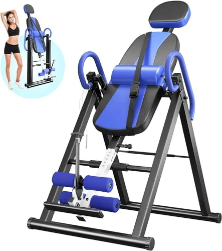 YOLEO Banco de inversión Ajustable/Plegable con Triple Bloqueo de Seguridad, Entrenador de Gravedad con cinturón de Seguridad para Terapia para aliviar el Dolor de Espalda/Cuello, Azul, M