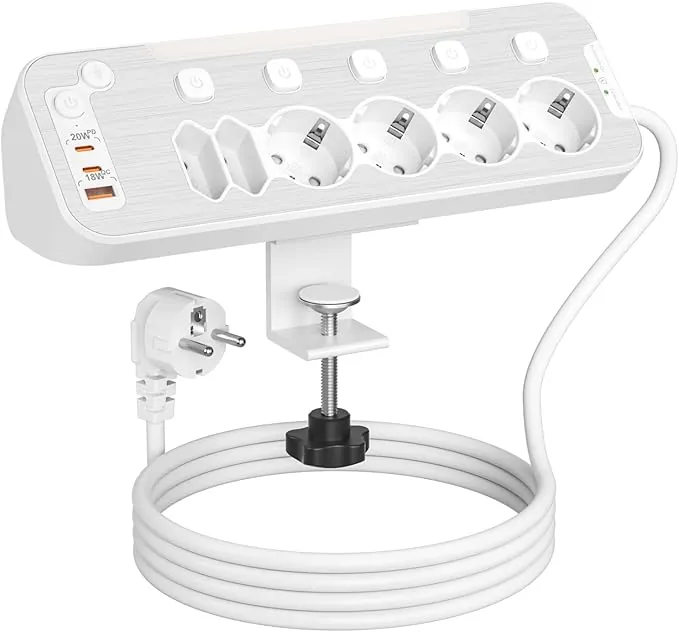 Toma de Mesa con USB C,Regleta Enchufes Proteccion Sobretension,Regleta Escritorio 6 Enchufes con Interruptor Independiente,Enchufe Multiple 6 Tomas con Dispositivo de Sujecióncon y Cable 2M,Blanco