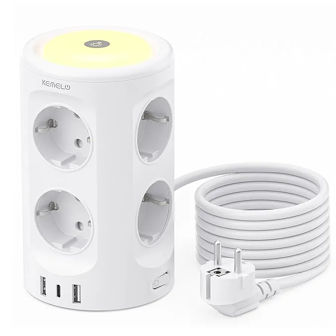 Torre Regletas Enchufes, Regleta USB 8 Tomas de AC y 3 USB, 3M Torre Enchufes Vertical con luz Nocturna y Interruptor,Regleta Enchufes Proteccion Sobretension, Enchufe Multiple para Mesa, Oficia, Casa