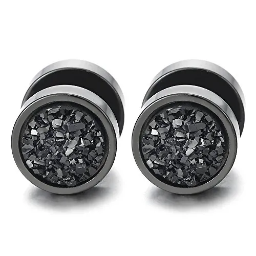 Hombre Mujer Acero Negro Círculo Pendientes con Resplandecer Negro, Enchufe Falso Fake Cheater Plugs Gauges, 2 Piezas